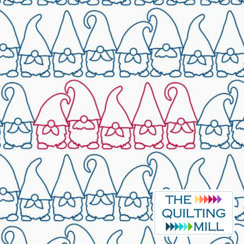 A Donsy of Gnomes digital Christmas quilting pattern product image showing rows of adorable curly-hatted gnomes in a whimsical holiday edge-to-edge longarm quilting design