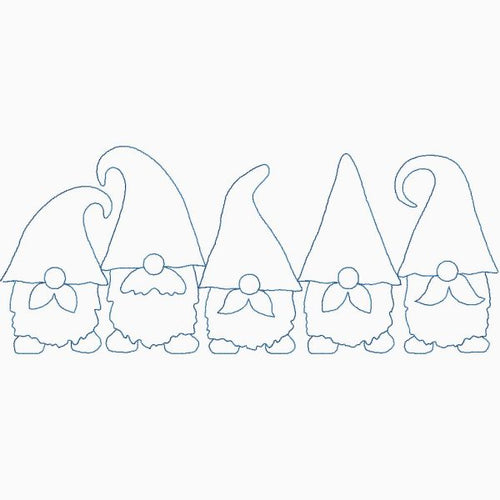 Close-up of A Donsy of Gnomes gnome quilting pantograph showing charming curly-hatted fluffy-bearded gnome shapes and festive continuous-line stitching detail